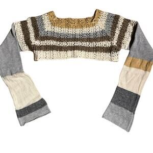Y2K Crochet Cropped Small Stripped Cream Gray Lagenlook Hippie Knit Sweater